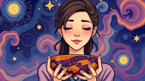 Serene woman holding kintsugi bowl representing self-compassion in parenting.