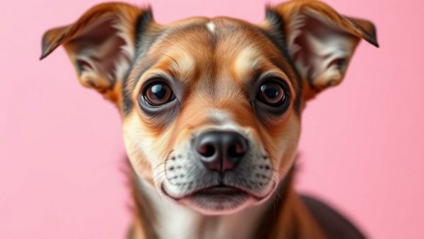 Attentive small dog gazing forward on soft pink background.