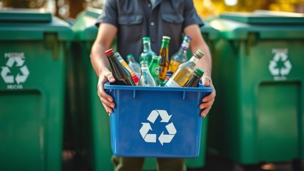 Person with a blue recycling bin filled with bottles and cans, highlighting recycling.