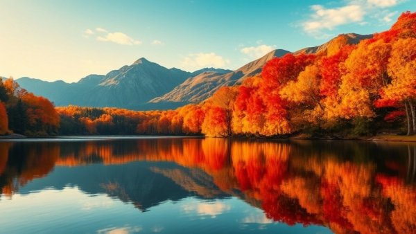 Vibrant autumn landscape on an automotive road trip with a mountain lake.