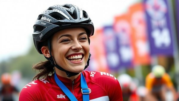 Victorious Paralympic cyclist celebrating with medal.