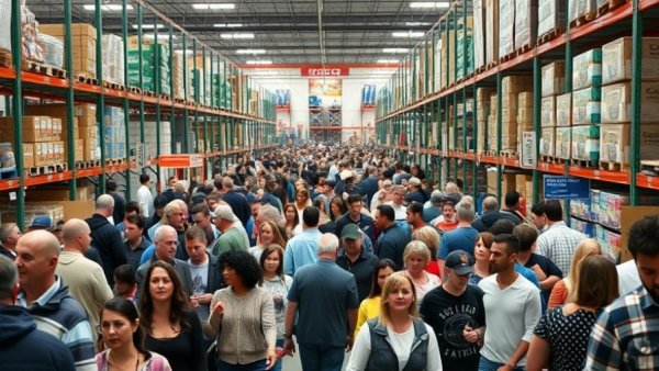 Busy aisle in Costco with shoppers and DIY supplies in carts.