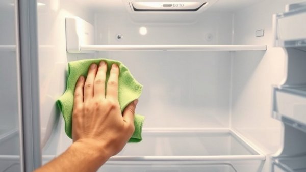 Person cleaning fridge interior with green cloth for Thanksgiving prep.