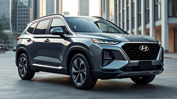 Sleek front view of 2026 Hyundai Santa Fe SUV in futuristic urban setting.