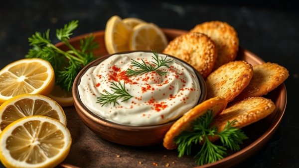 Sesame herb crackers with creamy dip, perfect potluck recipe.