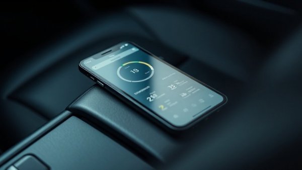 Smartphone with car diagnostic app on car armrest, auto repair tech.