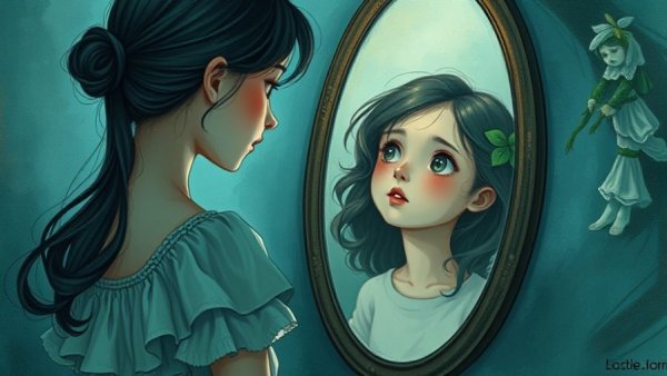 Reflective illustration of a woman seeing her childhood self in a mirror.
