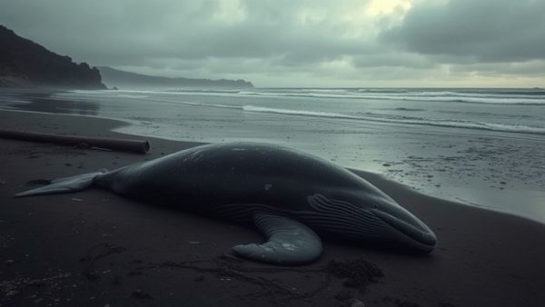 Beached humpback whale on Oregon coast, dramatic and somber.