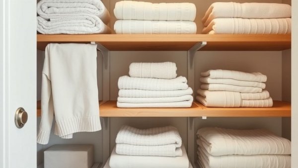 Neatly organized linen closet, folded towels and sheets, decluttered.