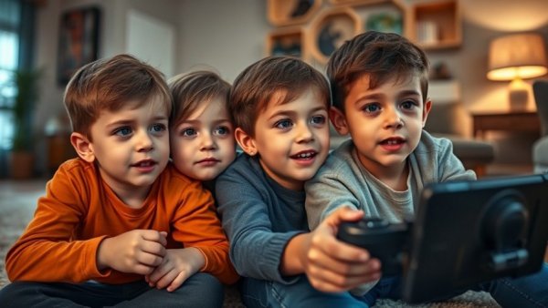 Kids playing video games in a cozy room, perfect for Christmas fun.