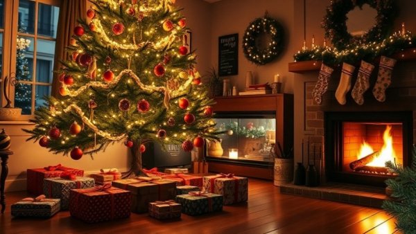 Cozy Christmas scene with tree and gifts for holiday gift exchange themes.