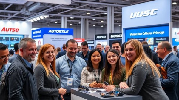 Auto repair trade show booth with people engaging.