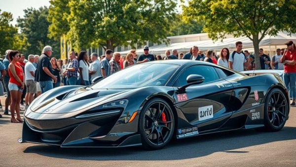 Florida Cars and Coffee event showcasing a sleek sports car and crowd in attendance.