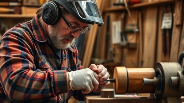 Artisan turning wooden Christmas ornaments on lathe in workshop.