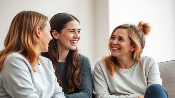 Cheerful teenage girl conversing with smiling adult woman, communication tools focus.