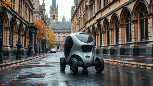 Autonomous delivery robot in UK cityscape during rainy autumn.