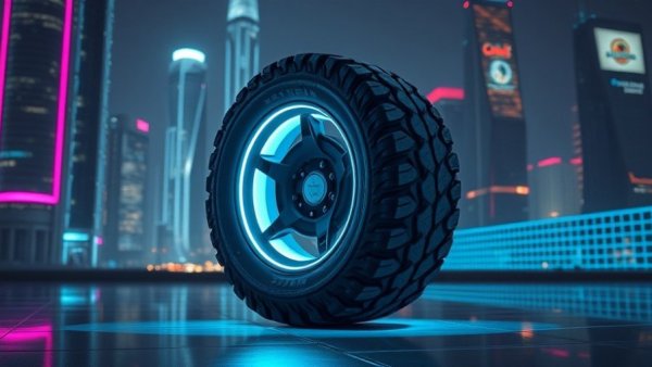 Cyber tires concept with neon futuristic cityscape backdrop.
