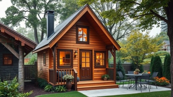 Amazon A-Frame Tiny Home with patio in a lush garden setting.