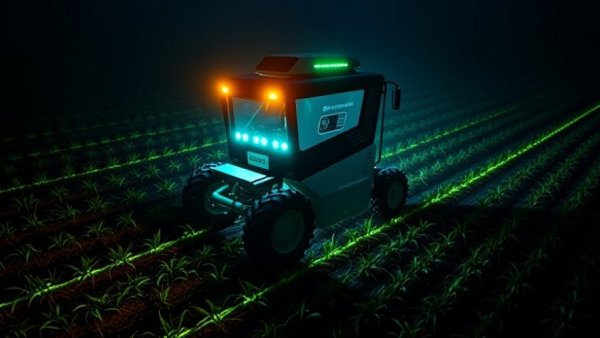 Futuristic machine in field at night with glowing lights.