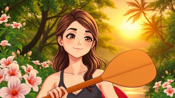 Serene woman with paddle, lush garden, bounce back to yourself theme.