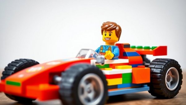 LEGO race car model with driver, highlighting sustainable tire production concept.