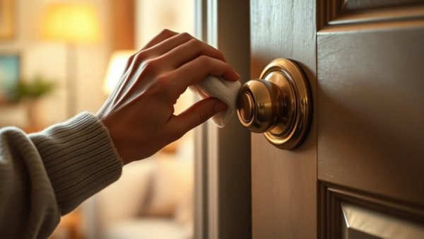 Efficient cleaning of a doorknob before guests arrive, showcasing cleanliness.