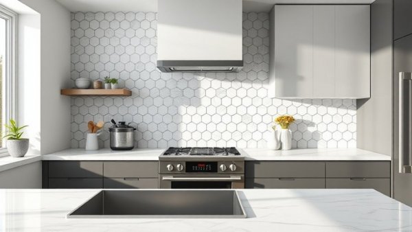 Elegant kitchen with hexagonal backsplash tiles, marble countertop, and stove.