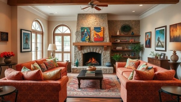 Cozy living room with vibrant decor and stone fireplace, signature scent for your home.