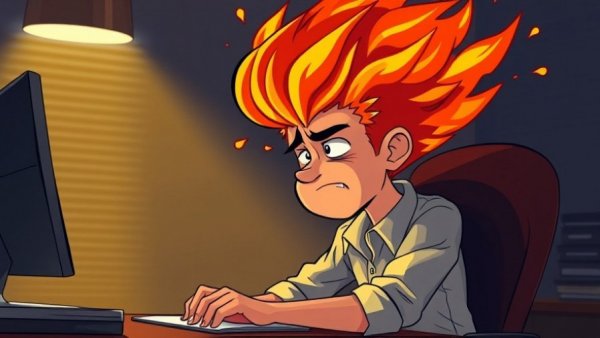 Cartoon of a young man experiencing burnout with flaming hair at a desk.