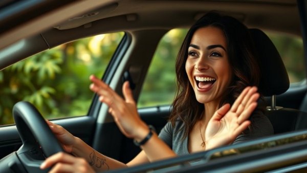 SA64BVY Vehicle Check: Woman demonstrating car safety check inside vehicle.