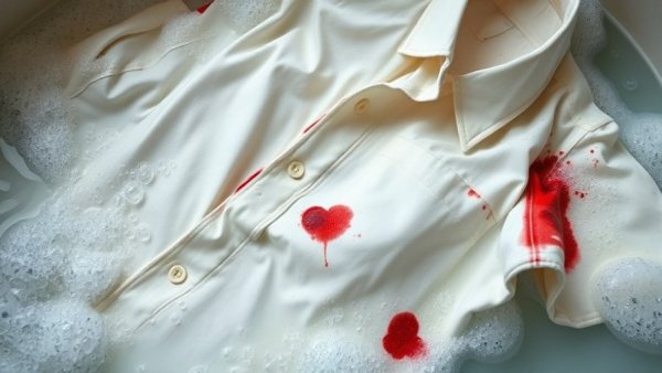 White shirt with stains soaking in soapy water for stain treatment.