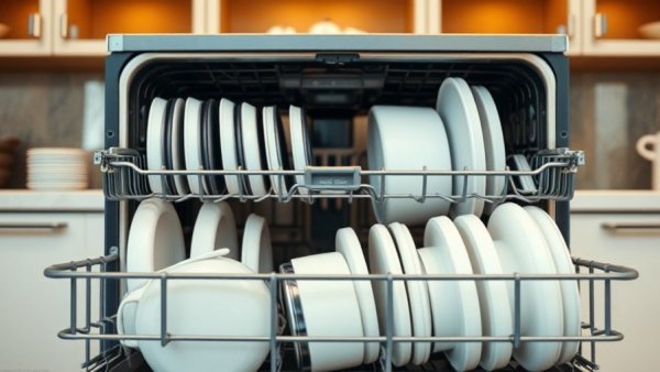 Clean items in the dishwasher in a modern kitchen setting.