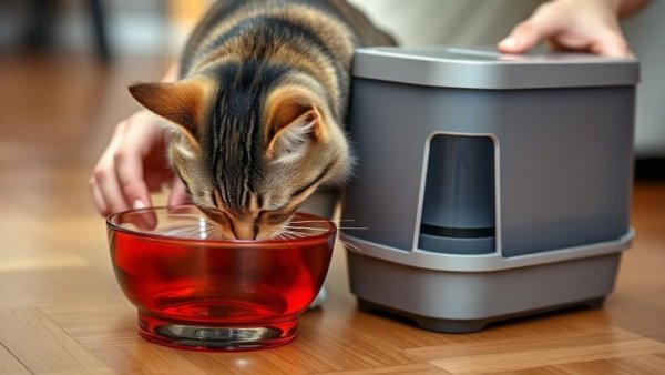 Innovative cat products: red bowl and stackable litter box.