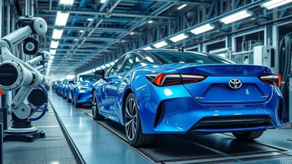 Toyota hybrid production investment visualized through advanced car assembly line.