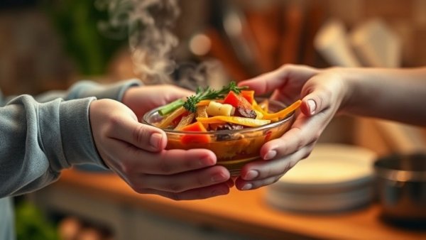 Hands exchanging bowl in warm kitchen, symbolizing daily gratitude practices.