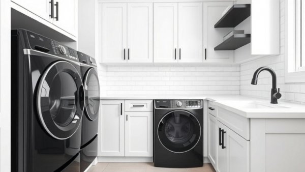 Modern laundry room with sleek upgrades and white cabinetry.