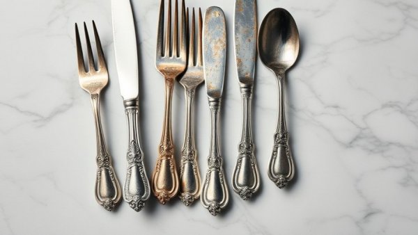 Tarnished silverware on marble, showcasing oxidation and intricate designs.