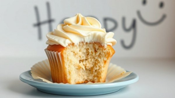 Cupcake on plate with 'Happy' in the background, symbolizing gratitude.