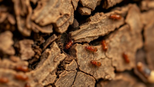 Close-up of termite-damaged wood, highlighting decay.