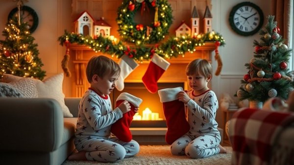 Kids enjoying 2025 Christmas scavenger hunt by the fireplace.