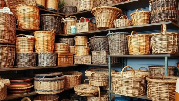 Eclectic wicker basket collection on thrift store shelves.