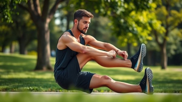 Athletic man stretching in park, preparing for run.