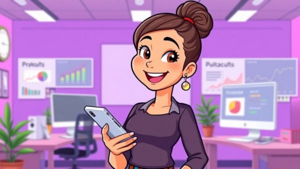 Mindfulness Training for Focus: Animated scene of woman with tech in office.