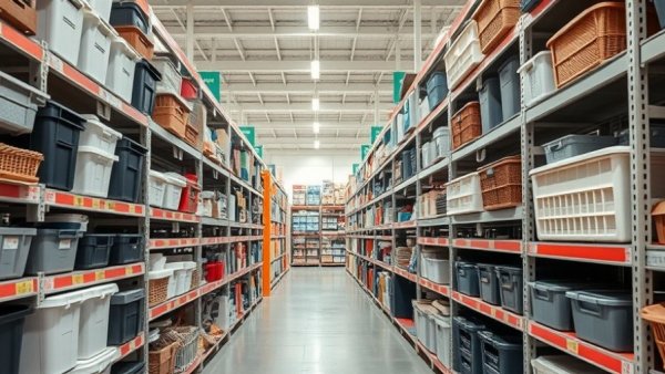 Aisle with various storage bins for buying more storage bins.