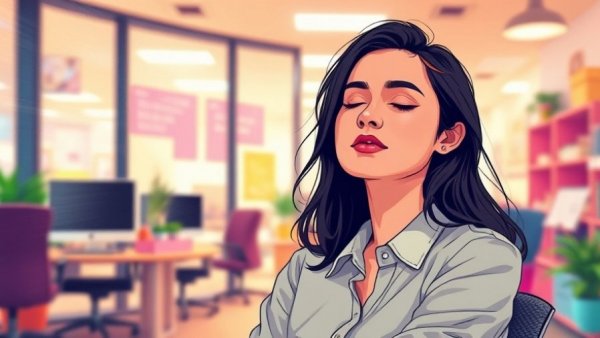 Calm woman in busy office, illustrating healthy workplace relationships.