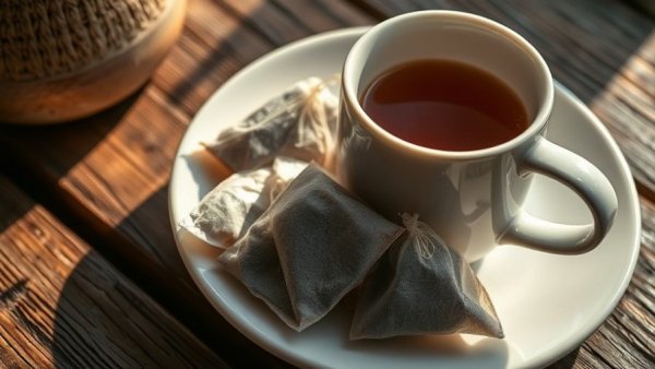 Used tea bags on a plate and cup on wooden table, repurpose idea.
