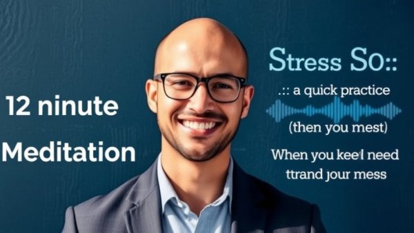 Mindfulness reduces stress: man smiling, meditation poster.