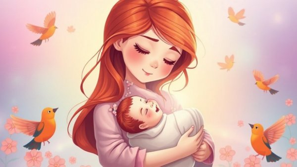 Whimsical illustration of a mother with a baby and colorful birds.