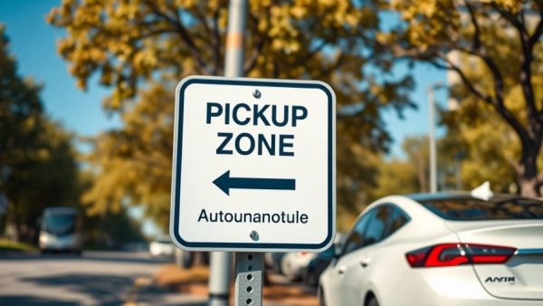 Autonomous pickup zone sign with a self-driving car, representing autonomous vehicles infrastructure.