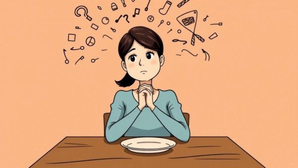 Illustration of woman breaking free from food noise, chaotic thoughts.